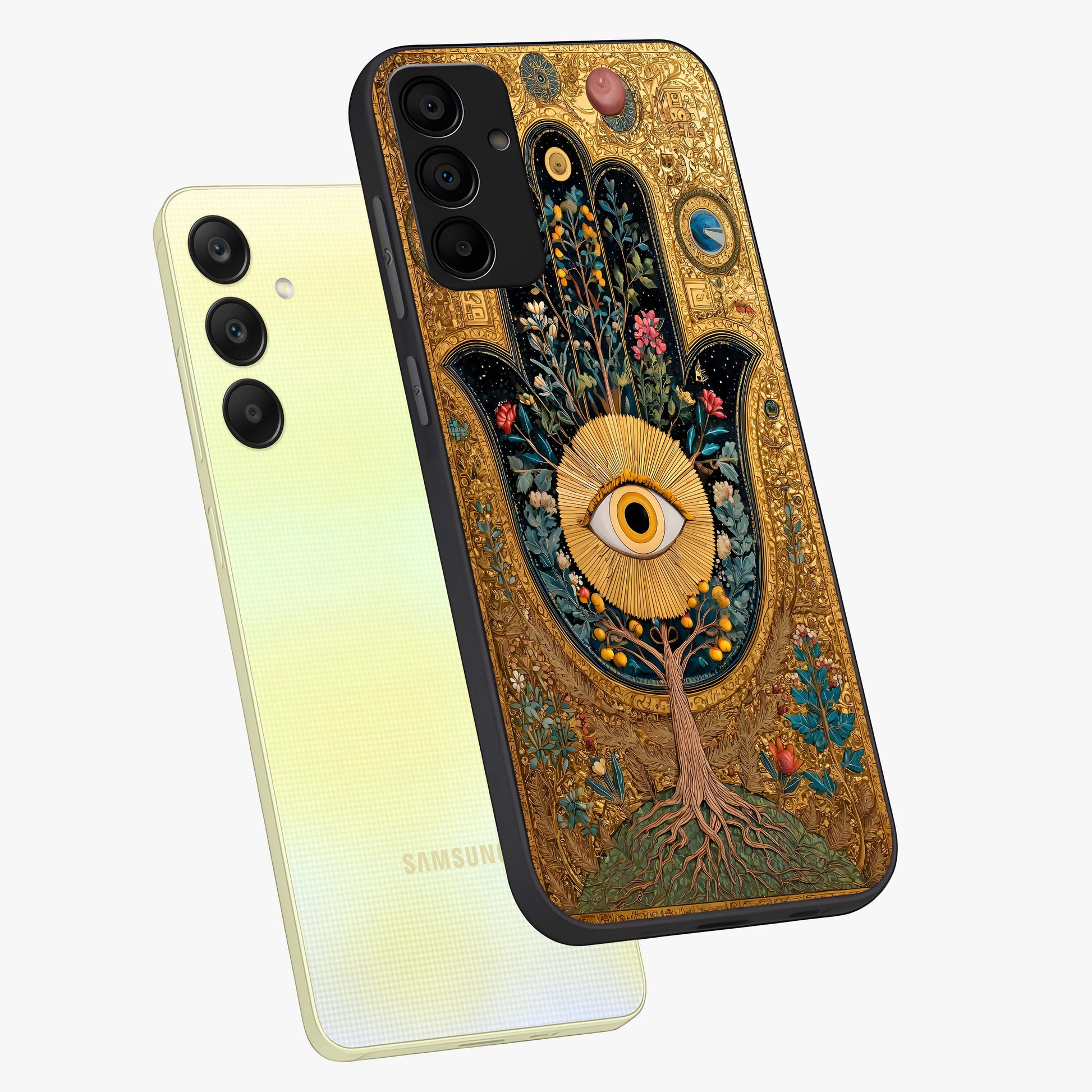 Ethereal Evil Eye Glass Case displayed in angled mockup highlighting protective evil eye symbol with spiritual aesthetic design.