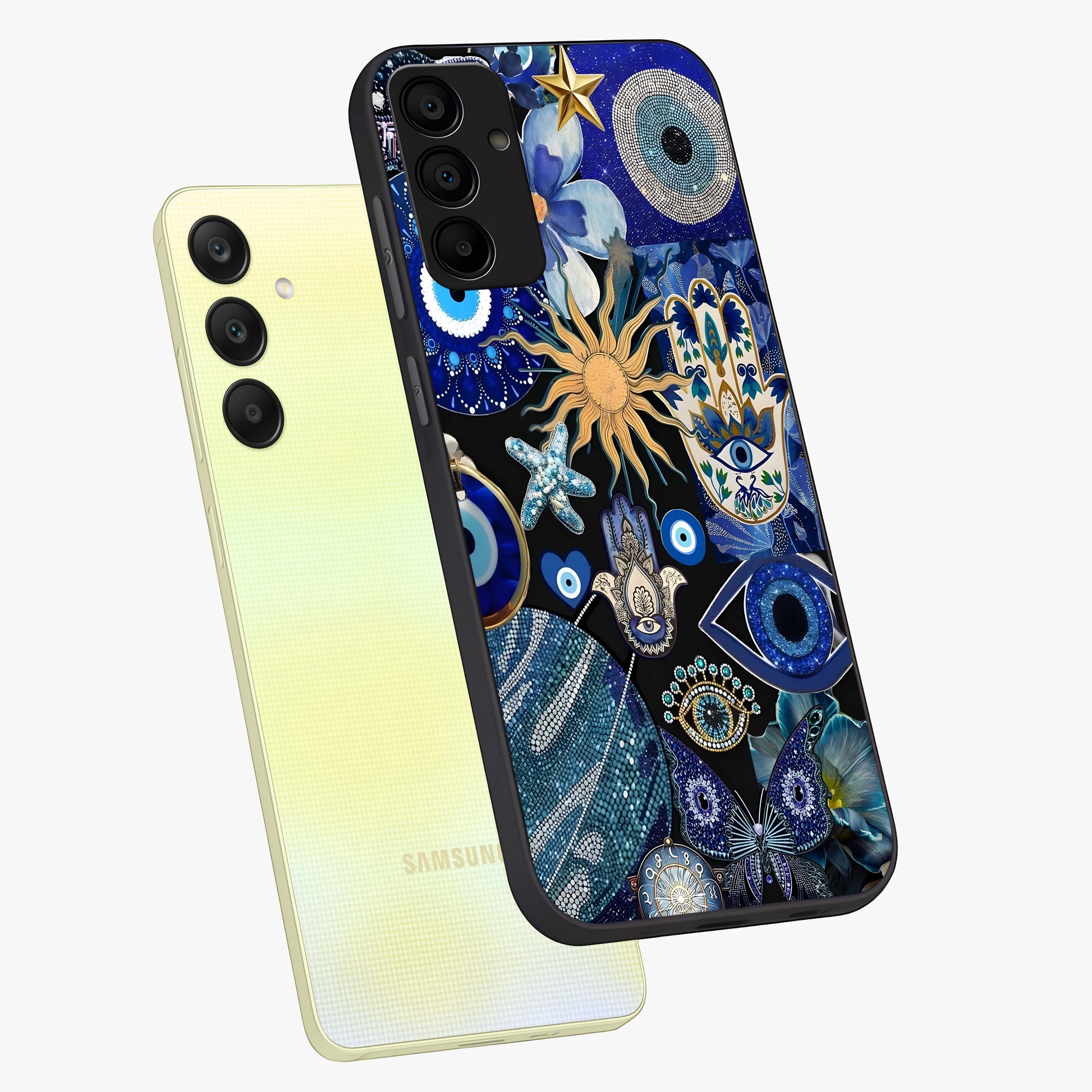 Evil Eye Charm Mix Glass Case displayed in angled mockup highlighting protective evil eye symbols with spiritual aesthetic design.