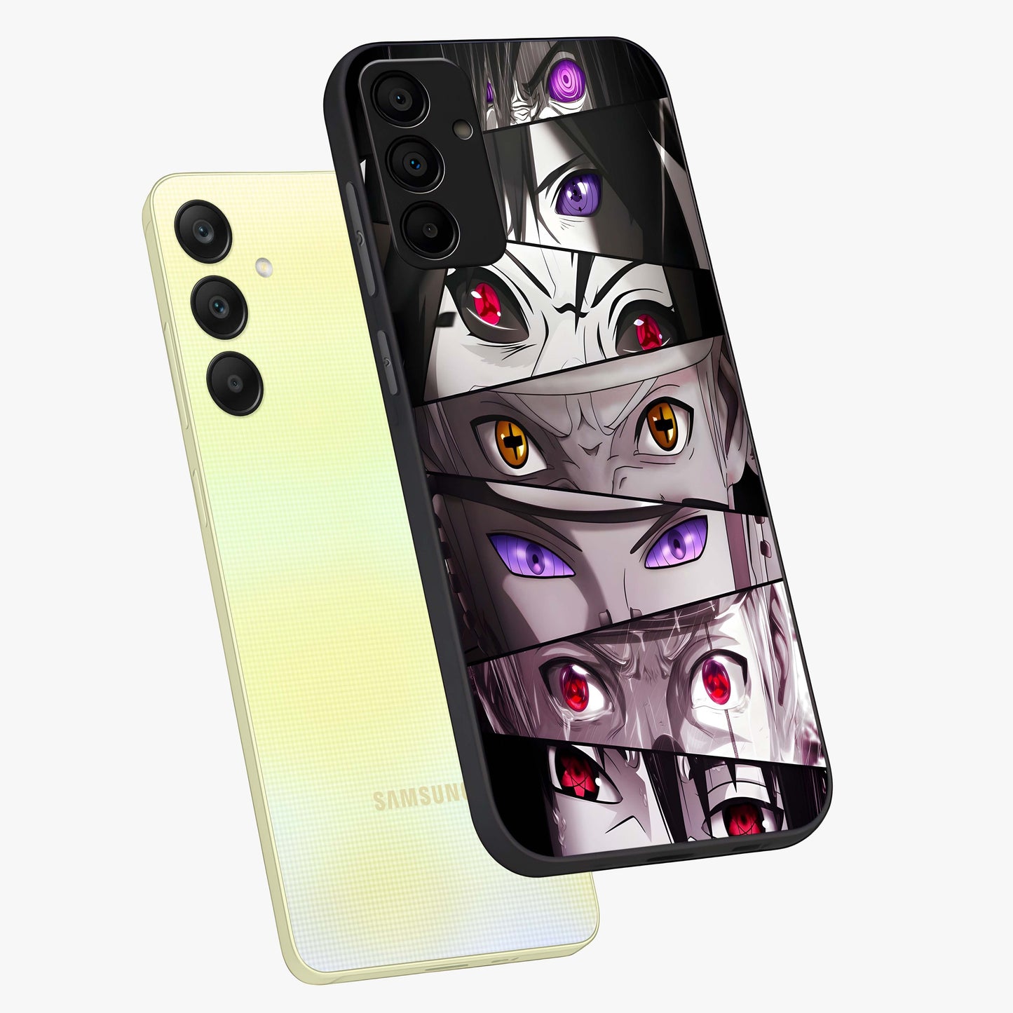Eyes of Destiny Glass Case displayed in angled mockup highlighting bold eye illustration with mystical aesthetic style.