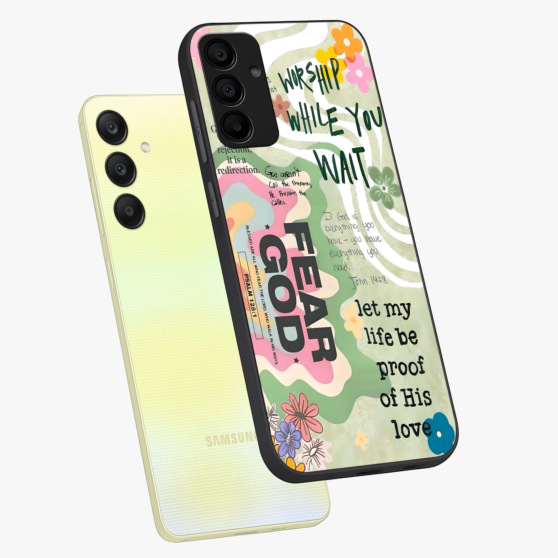 Faith Over Fear Glass Case displayed in angled mockup highlighting inspirational message design with modern aesthetic style.