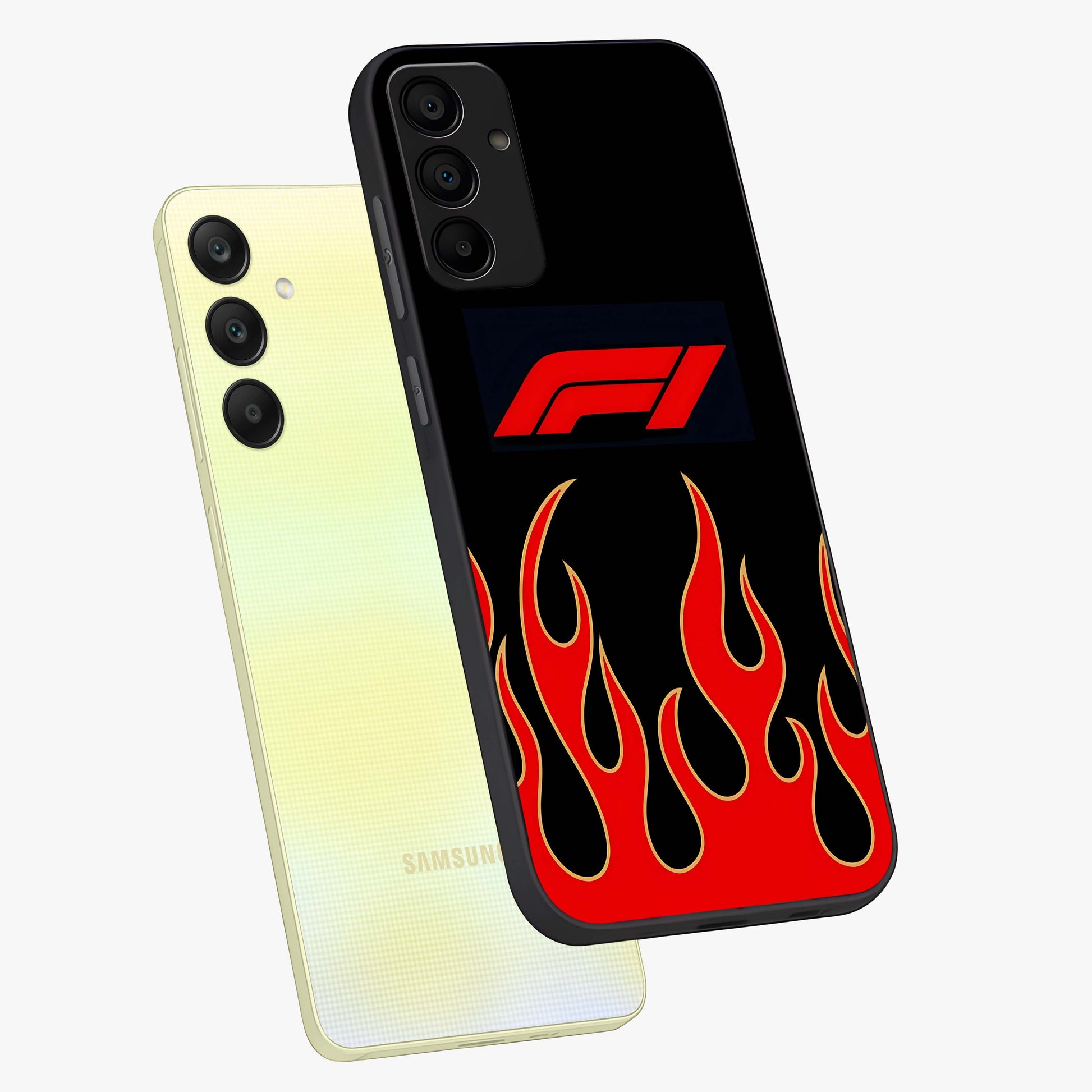 Fire F11 Glass Case displayed in angled mockup highlighting bold fire inspired graphic with energetic aesthetic style.