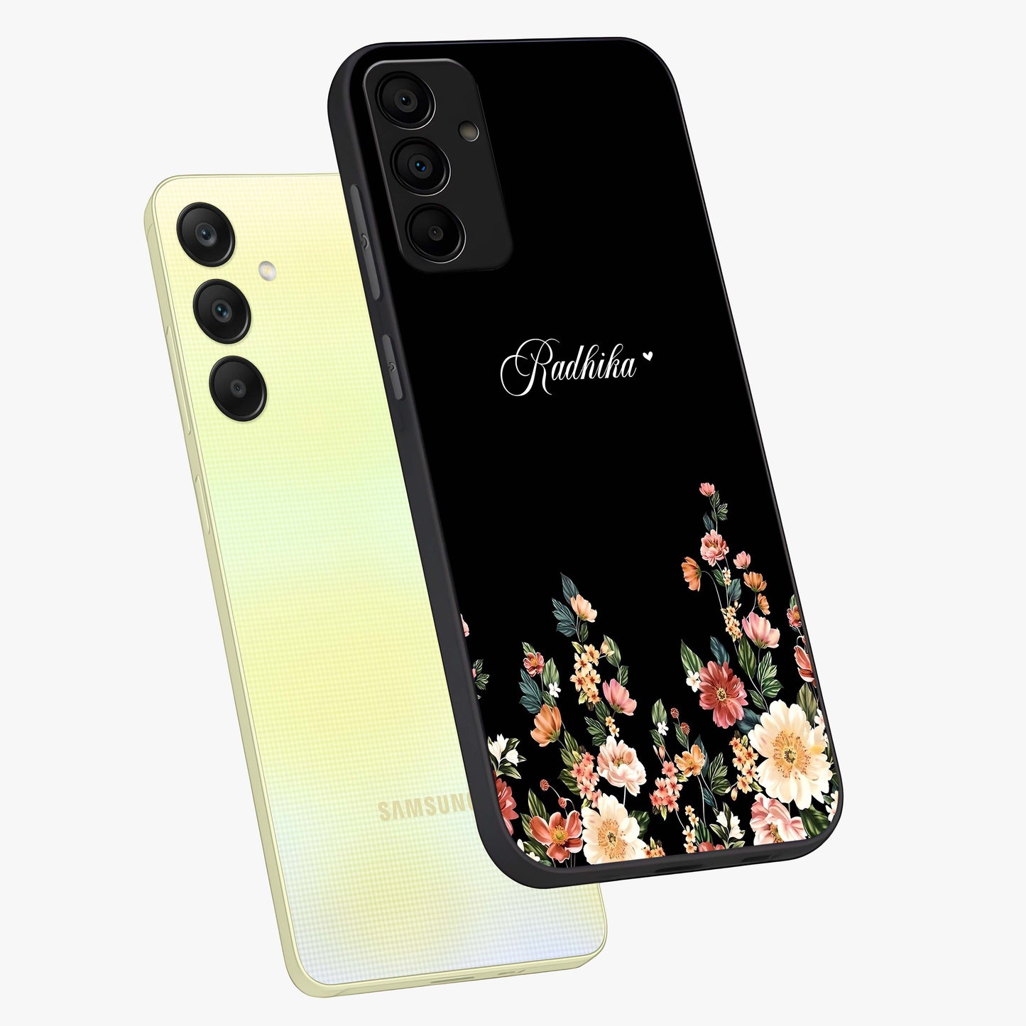 Floral Design With a Custom Personalized Name Glass Case displayed in angled mockup highlighting elegant floral pattern with custom name feature.