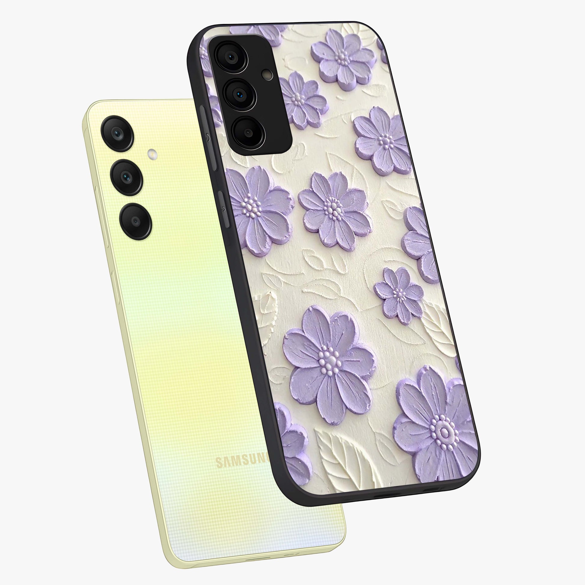 Floral Wall Art With Purple Flowers Glass Case displayed in angled mockup highlighting vibrant purple floral illustration with artistic aesthetic.