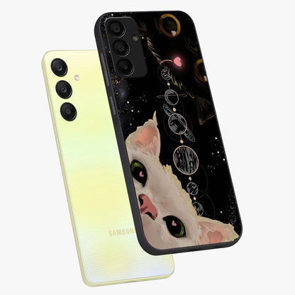 Galactic Cat Glass Case displayed in angled mockup highlighting celestial feline illustration with galaxy aesthetic style.