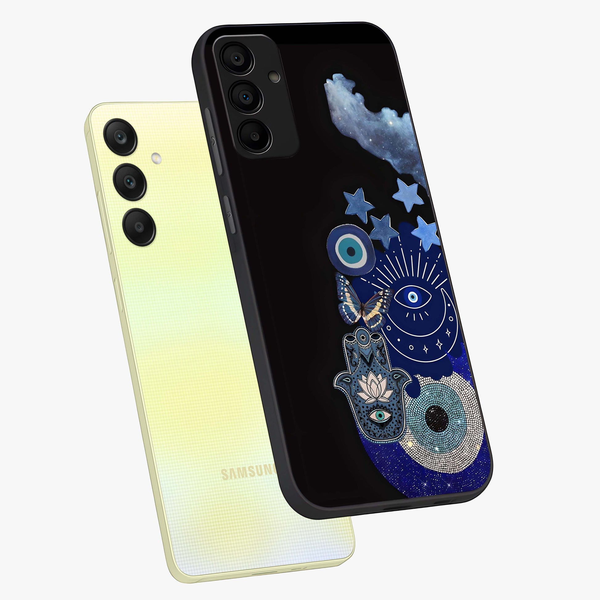 Galactic Charm Cluster Glass Case displayed in angled mockup highlighting luminous galaxy inspired design with dreamy aesthetic.