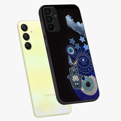 Galactic Charm Cluster Glass Case displayed in angled mockup highlighting luminous galaxy inspired design with dreamy aesthetic.