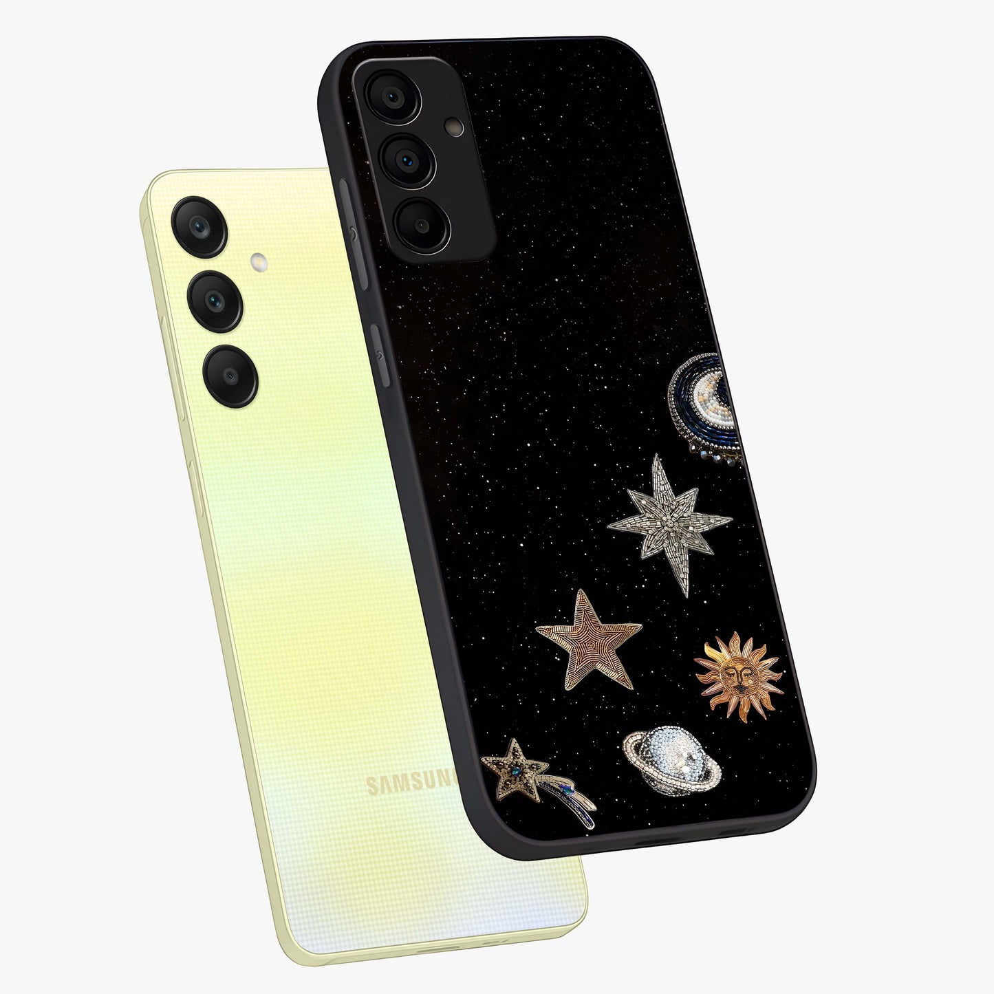 Galactic Charm Glow Glass Case displayed in angled mockup highlighting luminous galaxy inspired design with dreamy aesthetic.