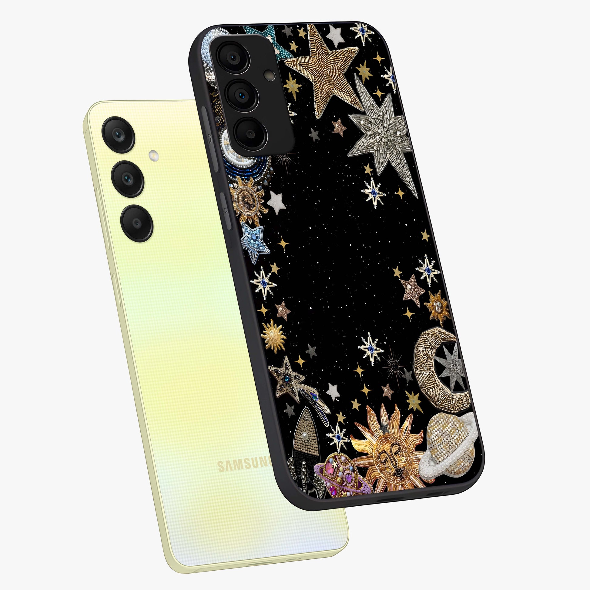 Galactic Jewel Stars Glass Case displayed in angled mockup highlighting shining celestial star design with cosmic aesthetic style.