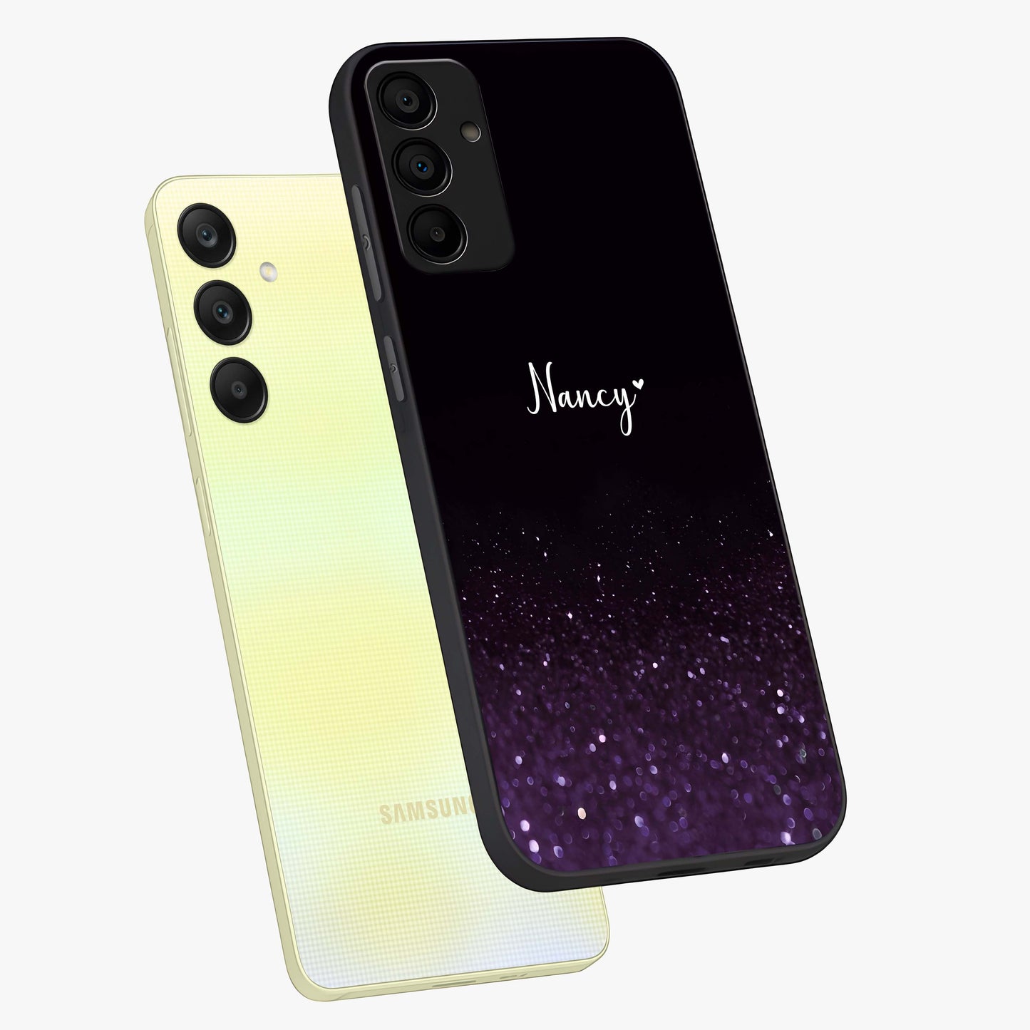Glittery Purple Bokeh Custom Name Glass Case displayed in angled mockup highlighting glitter bokeh pattern with custom name feature.