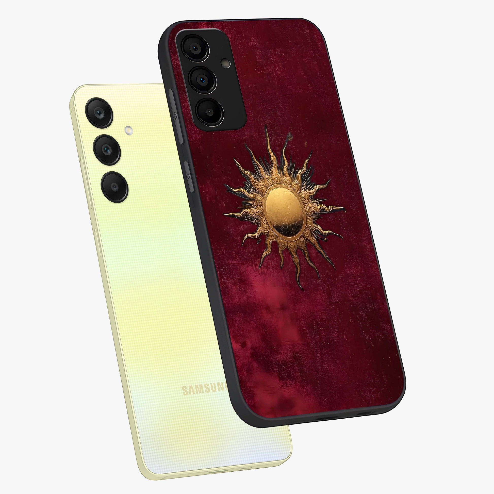 Golden Sun Minimalism Glass Case displayed in angled mockup highlighting clean sun symbol design with modern minimal aesthetic.