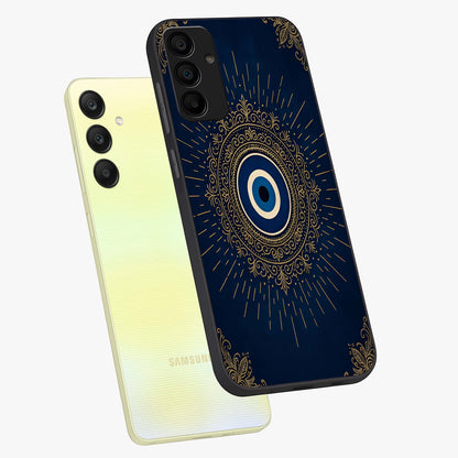 Golden Celestial Charm Glass Case displayed in angled mockup highlighting sparkling cosmic charm design with celestial aesthetic.