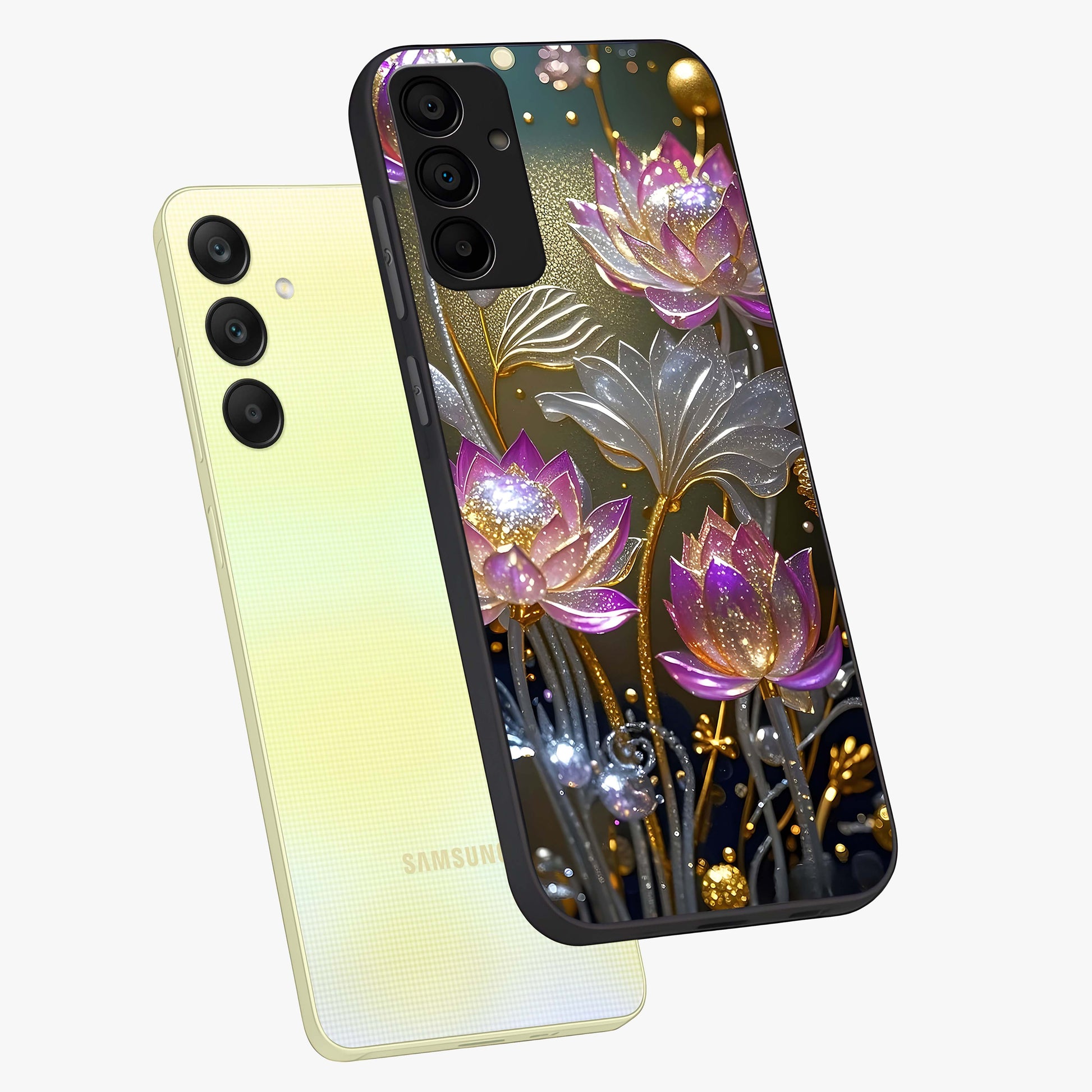 Golden Floral Majesty Glass Case displayed in angled mockup highlighting elegant flower design with royal golden aesthetic.