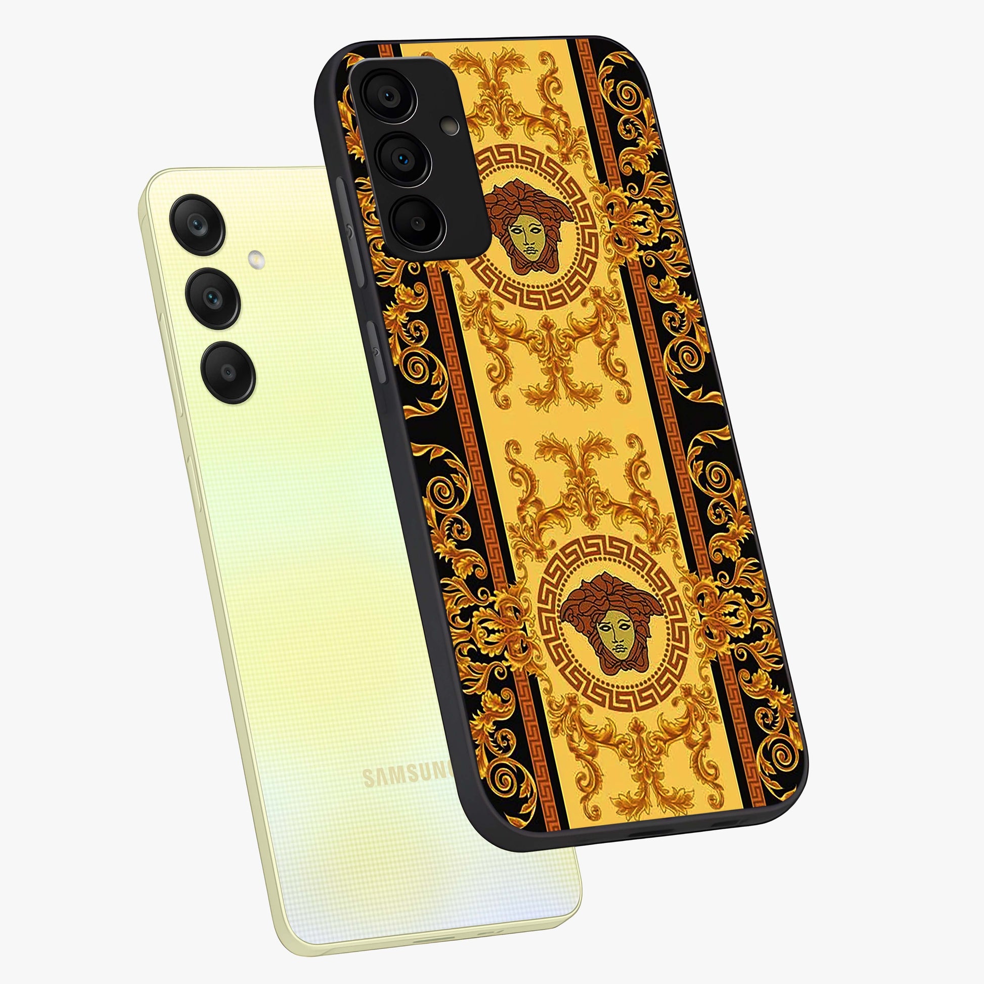 Golden Lotus Glow Glass Case displayed in angled mockup highlighting radiant lotus illustration with spiritual aesthetic.