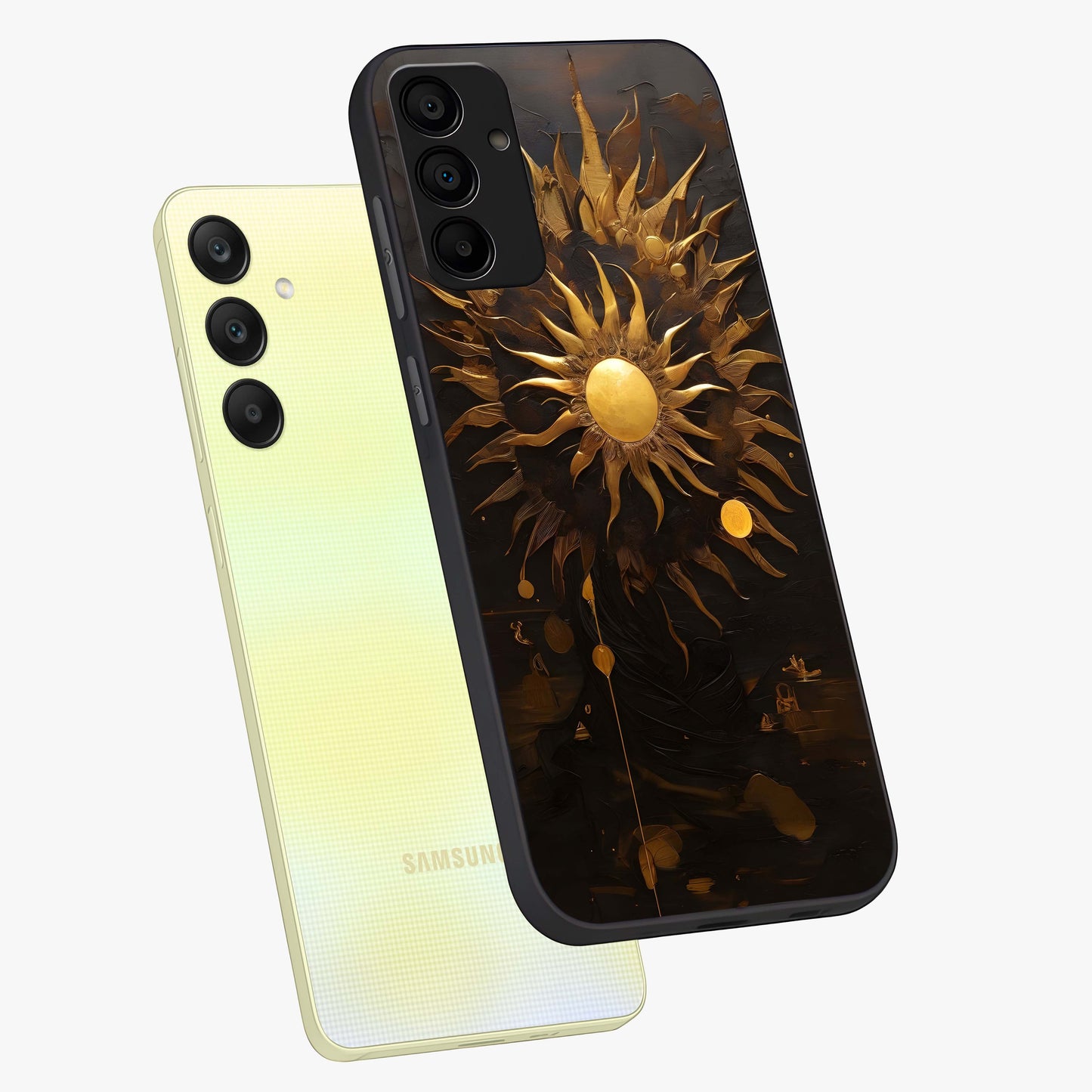 Golden Sun Majesty Glass Case displayed in angled mockup highlighting eerie shadow illustration with gothic aesthetic.
