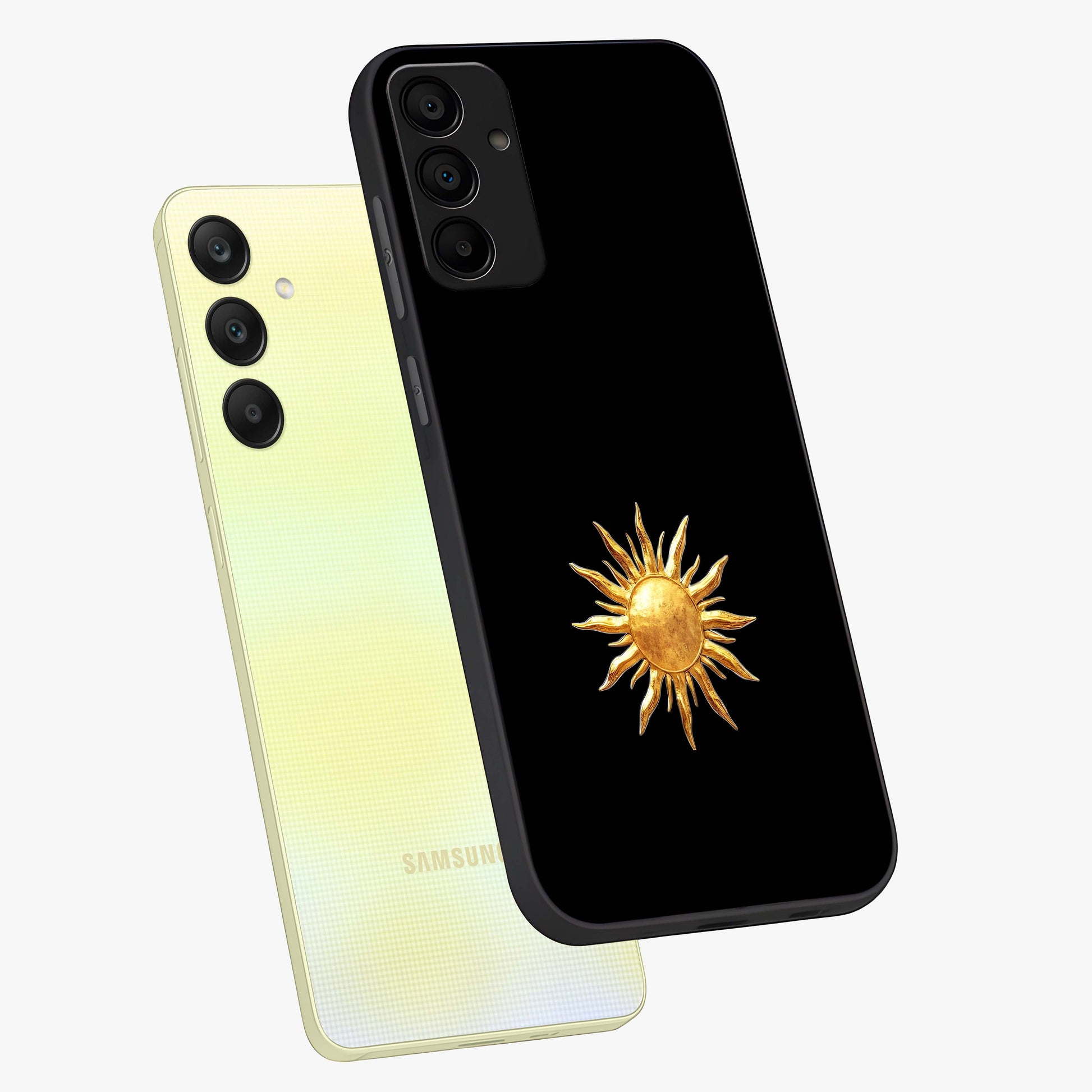 Golden Sun Minimalism Glass Case displayed in angled mockup highlighting eerie shadow illustration with gothic aesthetic.