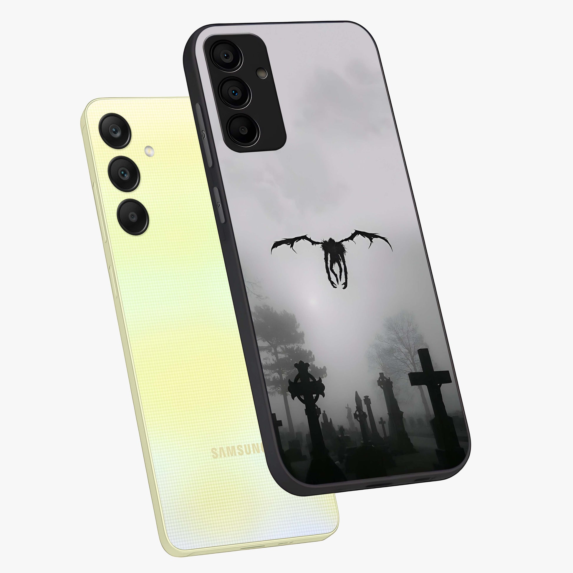 Graveyard Shadow Descent Glass Case displayed in angled mockup highlighting eerie shadow illustration with gothic aesthetic.