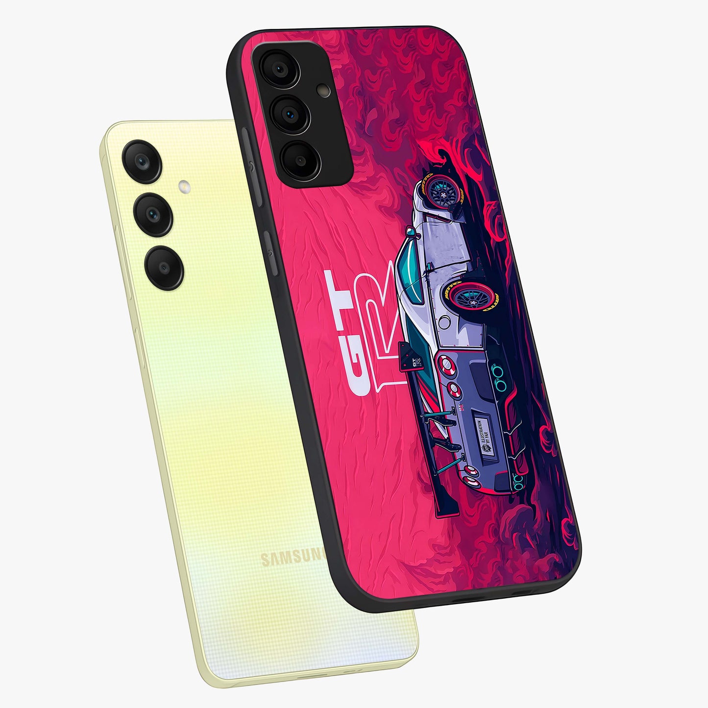 GT-R Car Pattern Glass Case displayed in angled mockup highlighting racing car graphic design with bold automotive aesthetic.