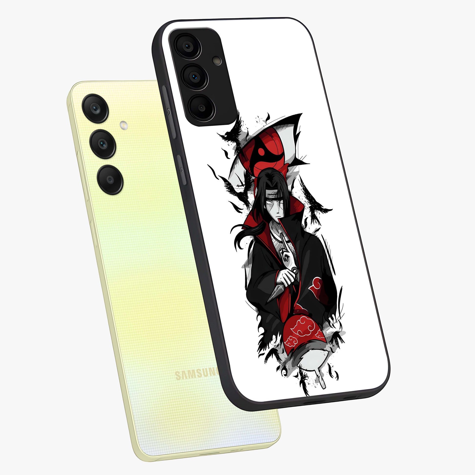 Itachi Limited Edition Naruto Anime Glass Case displayed in angled mockup highlighting dramatic anime illustration with bold action aesthetic.