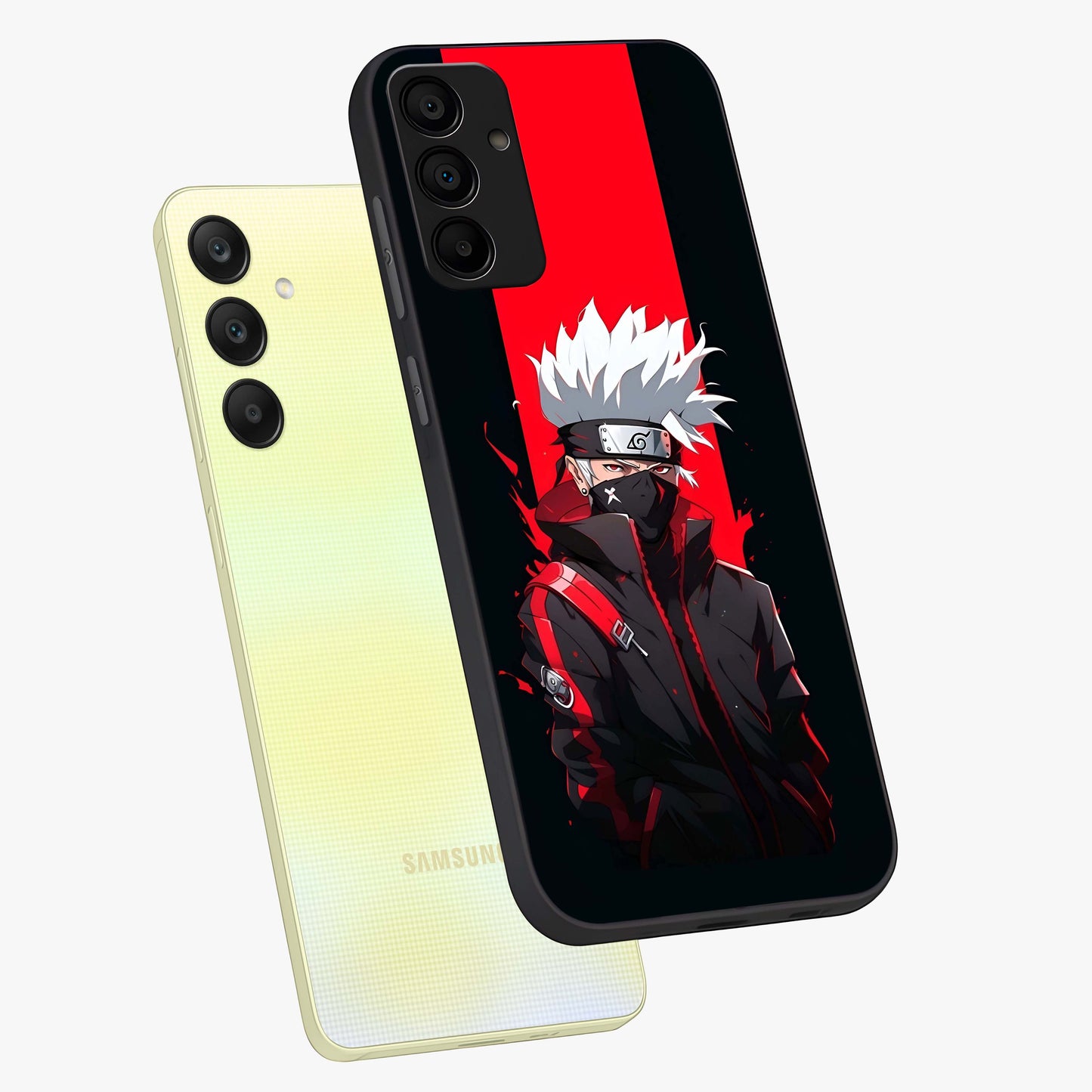 Kakashi Scarlet Shadow Glass Case displayed in angled mockup highlighting dramatic ninja illustration with scarlet themed aesthetic.