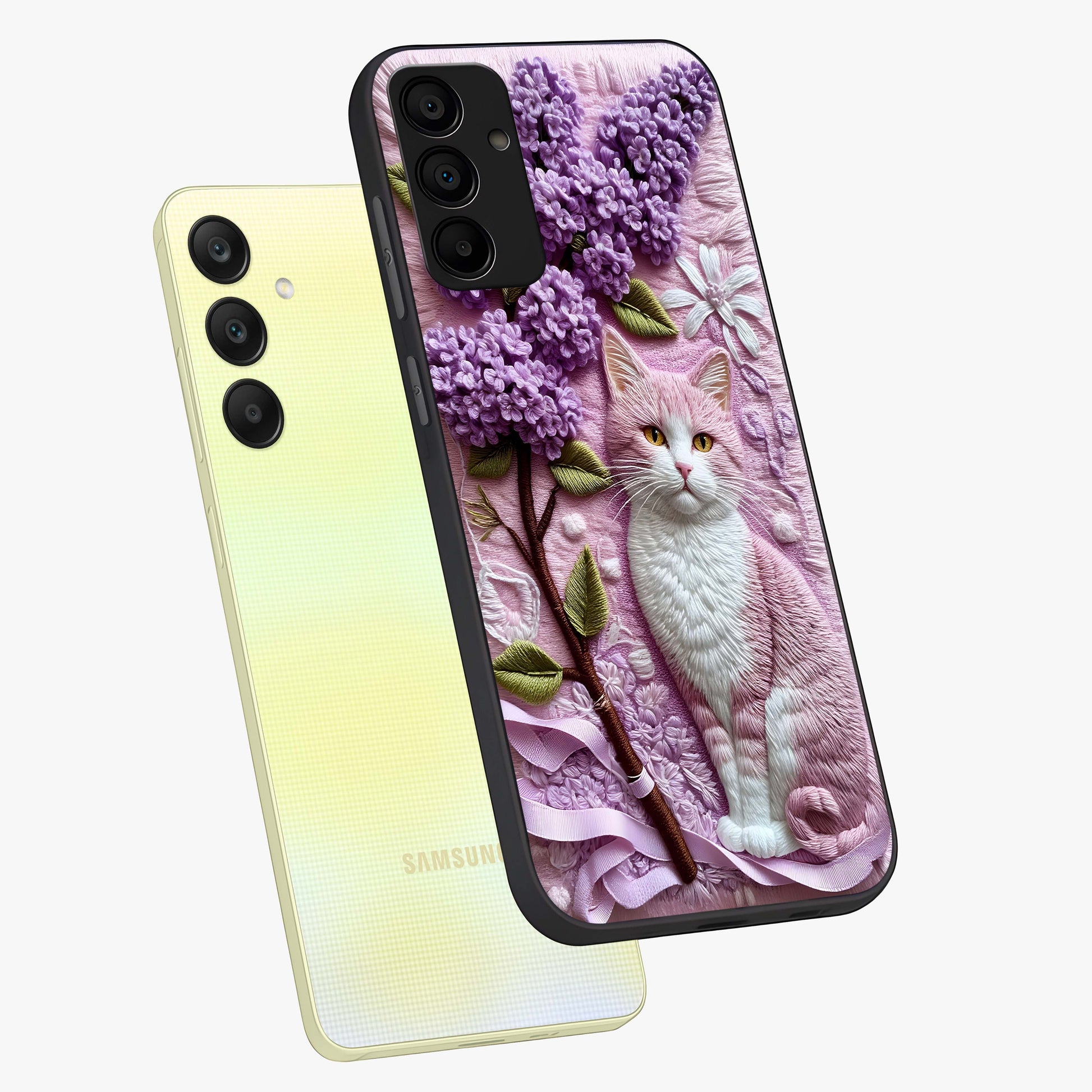 Lavender Cat Whimsy Glass Case displayed in angled mockup highlighting playful feline illustration with pastel lavender aesthetic.