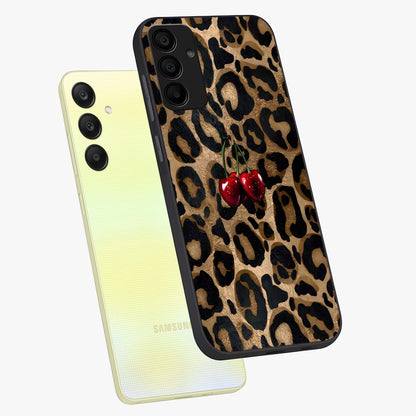 Leopard Wild Cherry Glass Case displayed in angled mockup highlighting bold animal print design with playful cherry aesthetic.