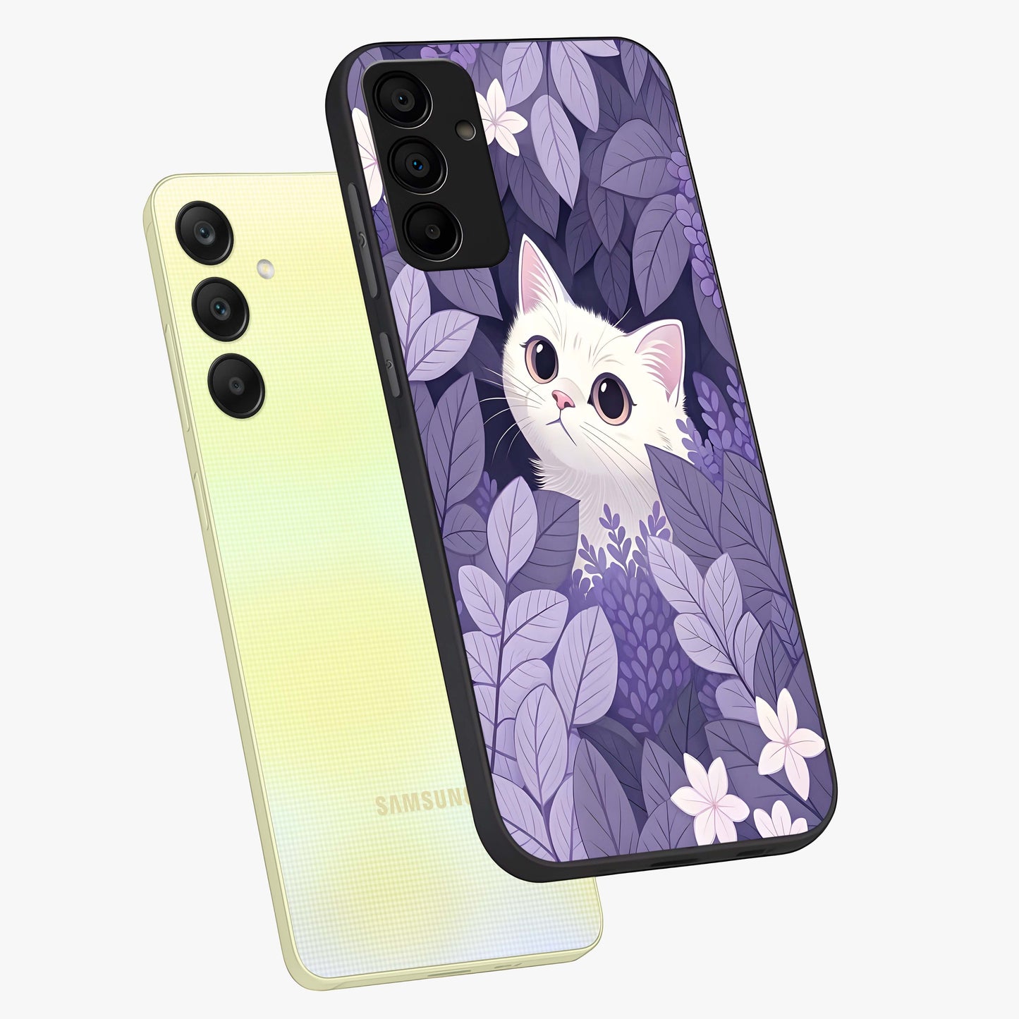 Lilac Hide Peek Cat Glass Case displayed in angled mockup highlighting playful feline illustration with lilac aesthetic design.