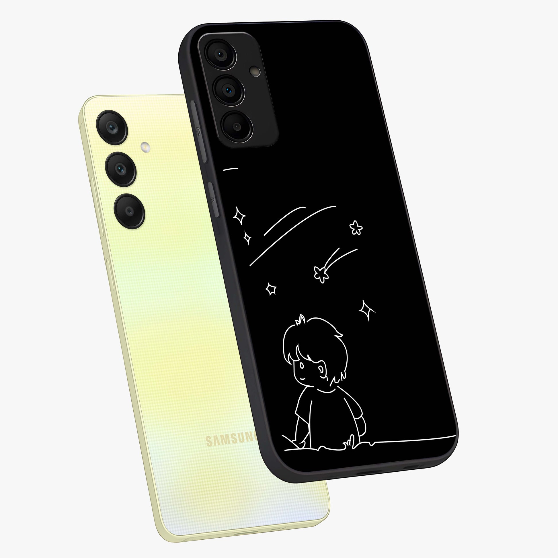 Line Art Boy With Shooting Stars Glass Case displayed in angled mockup highlighting elegant line art design with dreamy star aesthetic.