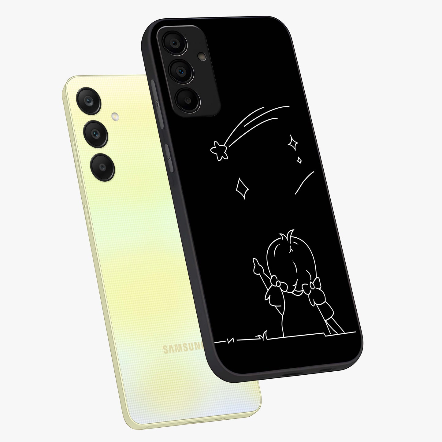 Line Art Girl With Shooting Stars Glass Case displayed in angled mockup highlighting elegant line art design with dreamy star aesthetic.