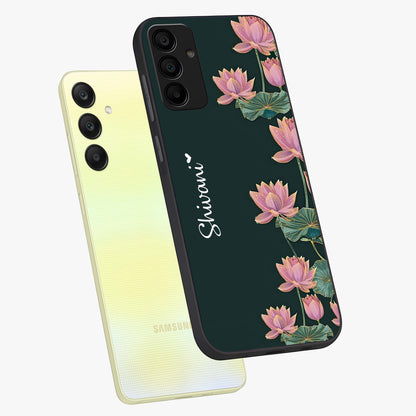 Lotus Bloom Serenity Custom Name Glass Case displayed in angled mockup highlighting graceful lotus illustration with custom name feature.