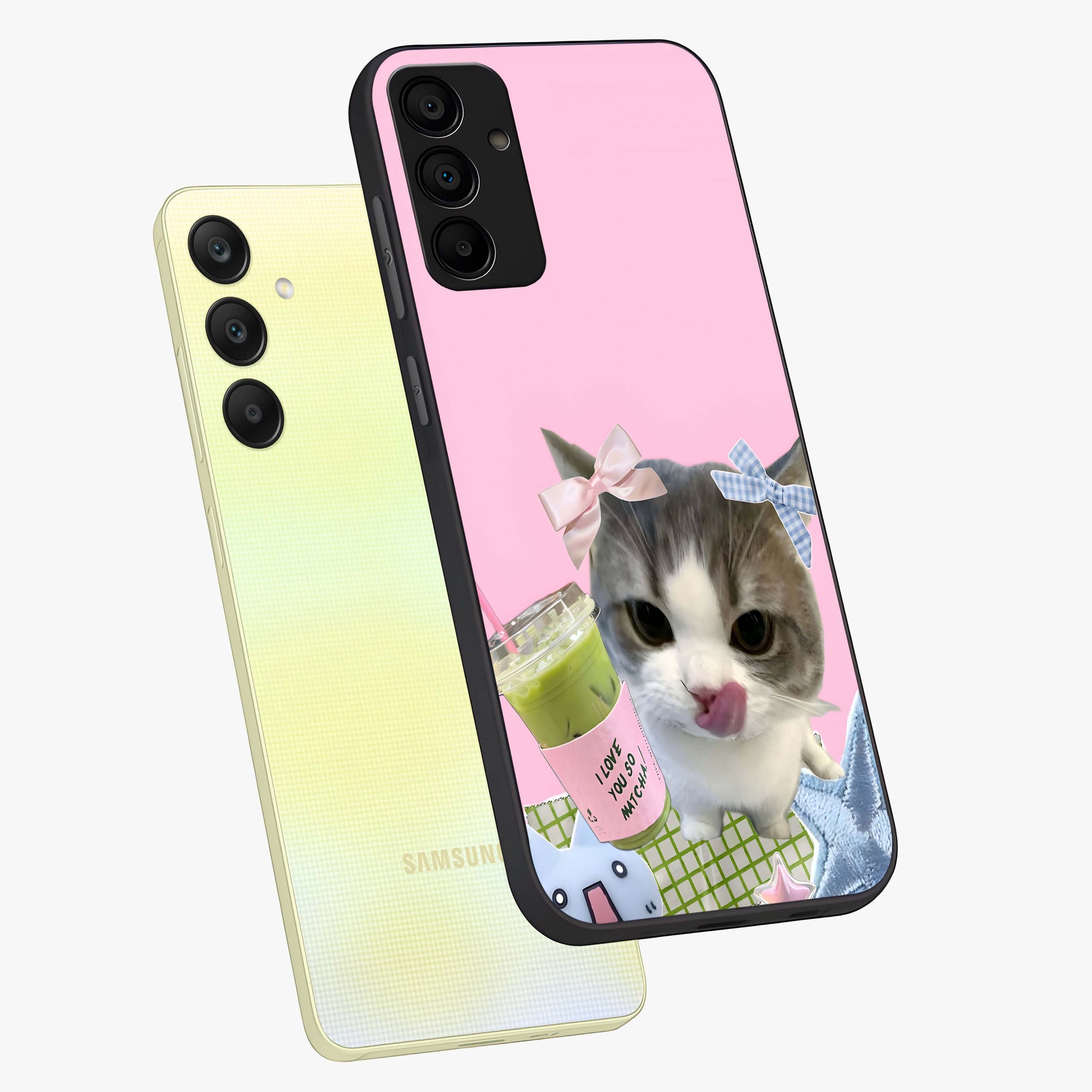 Love Matcha Cat Glass Case displayed in angled mockup highlighting playful feline illustration with cozy matcha aesthetic.