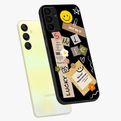 Lucky Aesthetic Collage Glass Case displayed in angled mockup highlighting stylish collage pattern with modern aesthetic vibe.
