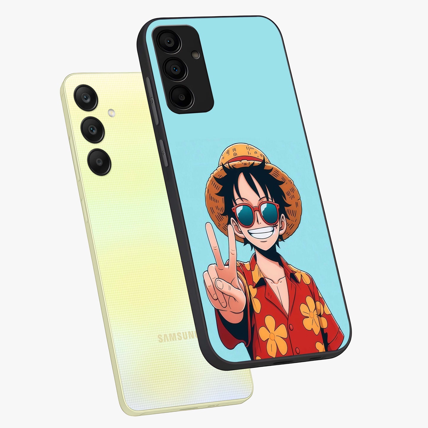 Luffy Summer Anime Vibe Glass Case displayed in angled mockup highlighting energetic anime illustration with summer vibe aesthetic.