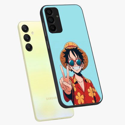 Luffy Summer Anime Vibe Glass Case displayed in angled mockup highlighting energetic anime illustration with summer vibe aesthetic.