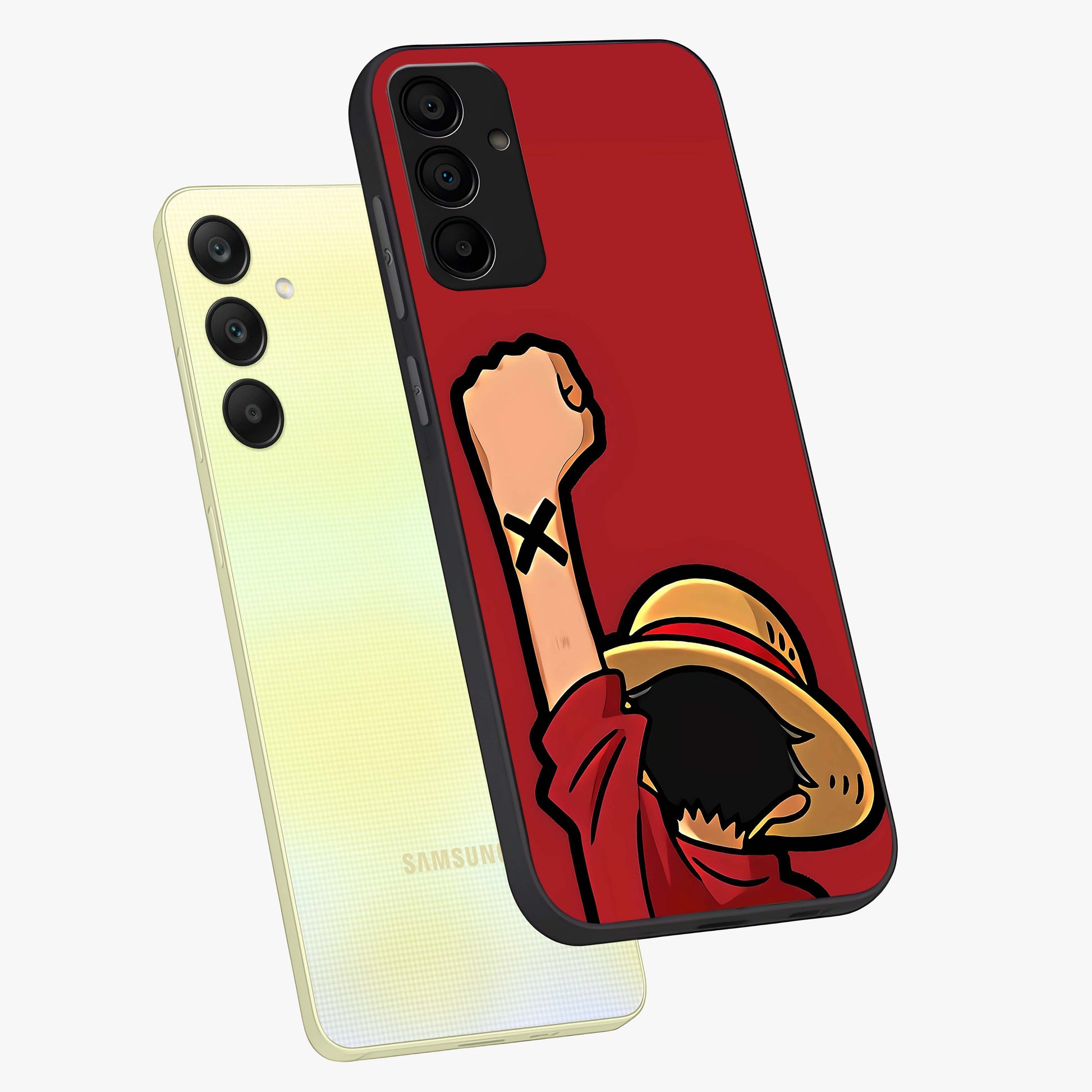 Luffy X Spirit Glass Case displayed in angled mockup highlighting powerful anime design with energetic action aesthetic.