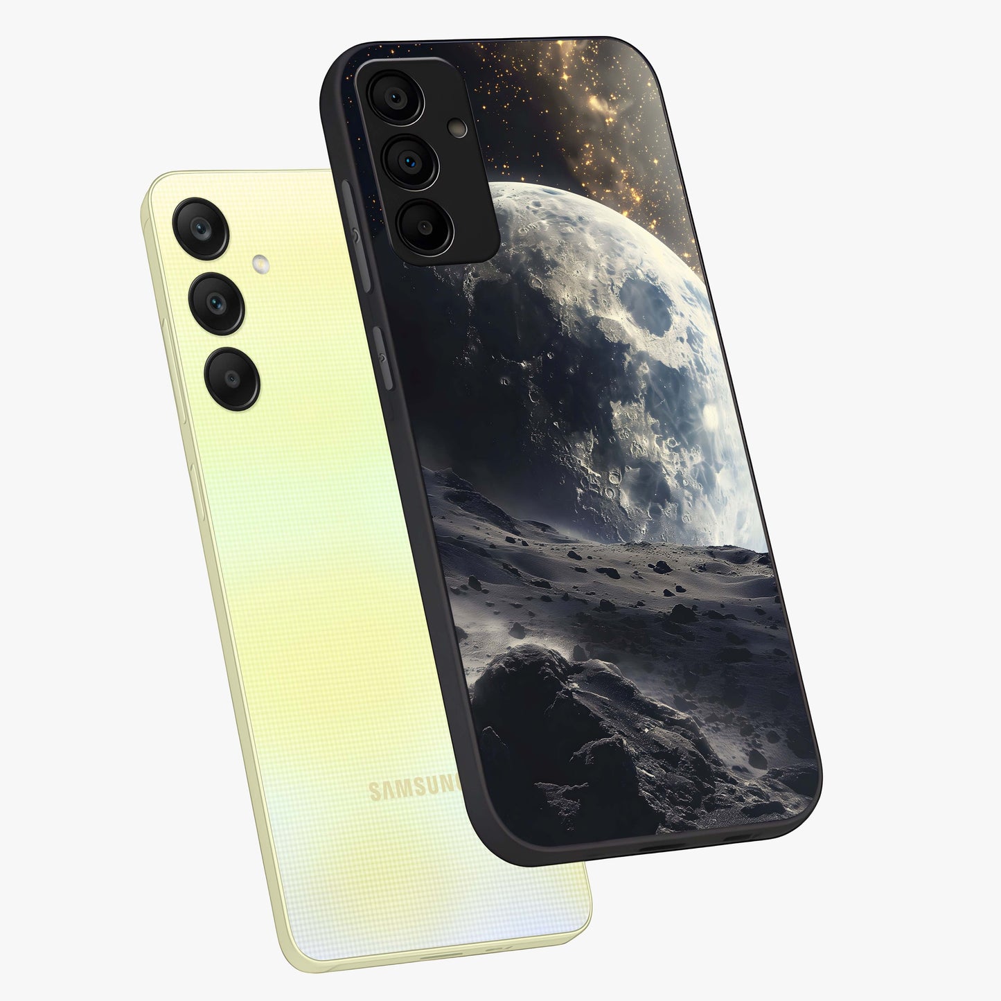 Lunar Horizon Glow Glass Case displayed in angled mockup highlighting celestial moon design with dreamy night aesthetic.