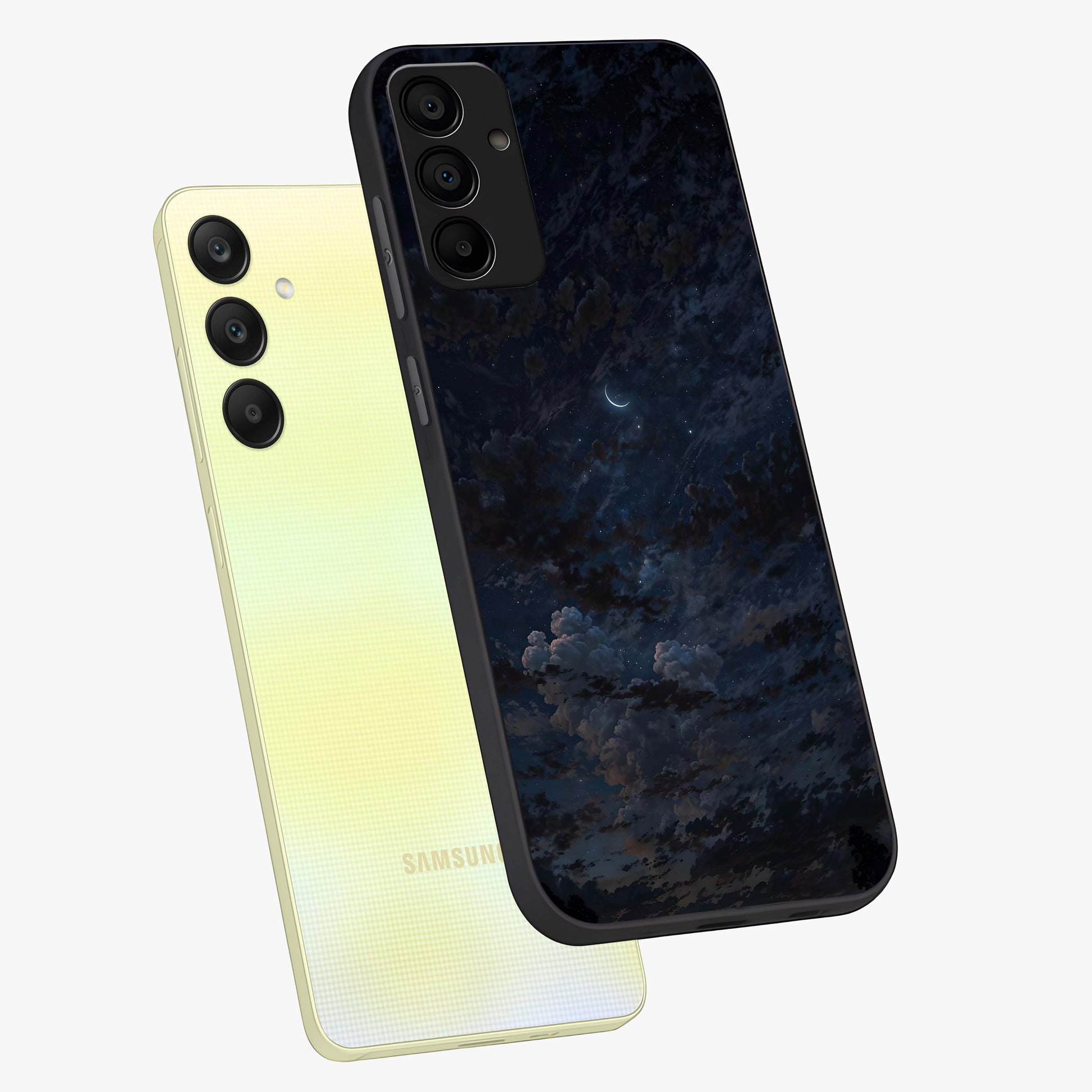 Lunar Veil Silence Glass Case displayed in angled mockup highlighting soft lunar design with peaceful celestial aesthetic.