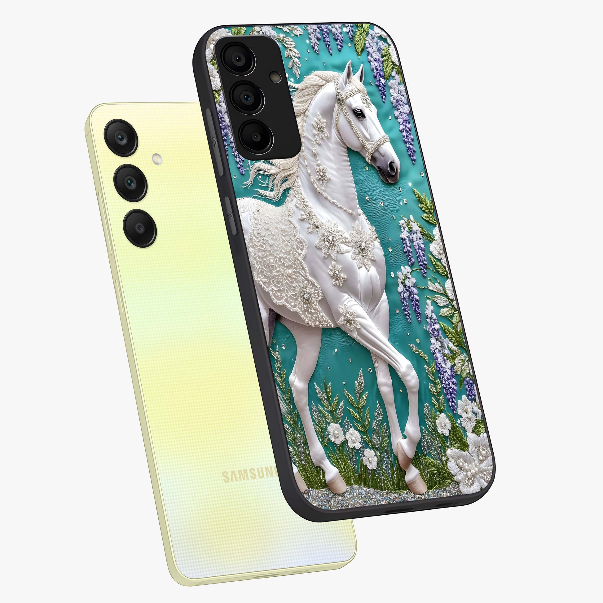 Majestic Floral Stallion Glass Case displayed in angled mockup highlighting majestic stallion illustration with elegant floral aesthetic.