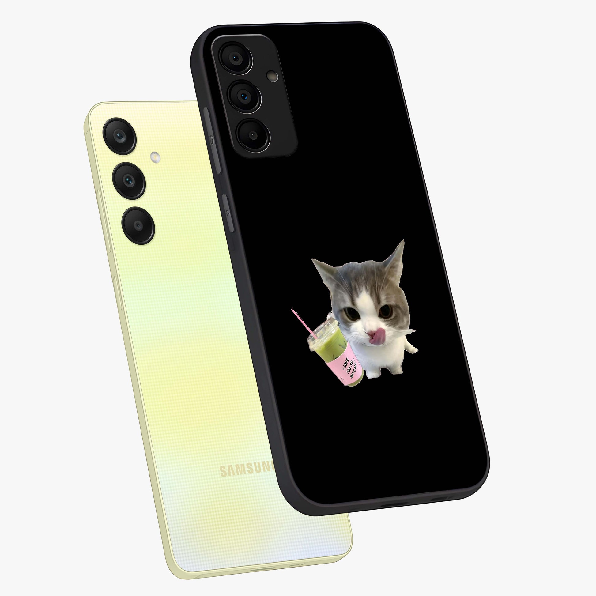 Matcha Cat Style Glass Case displayed in angled mockup highlighting playful feline design with pastel matcha aesthetic.