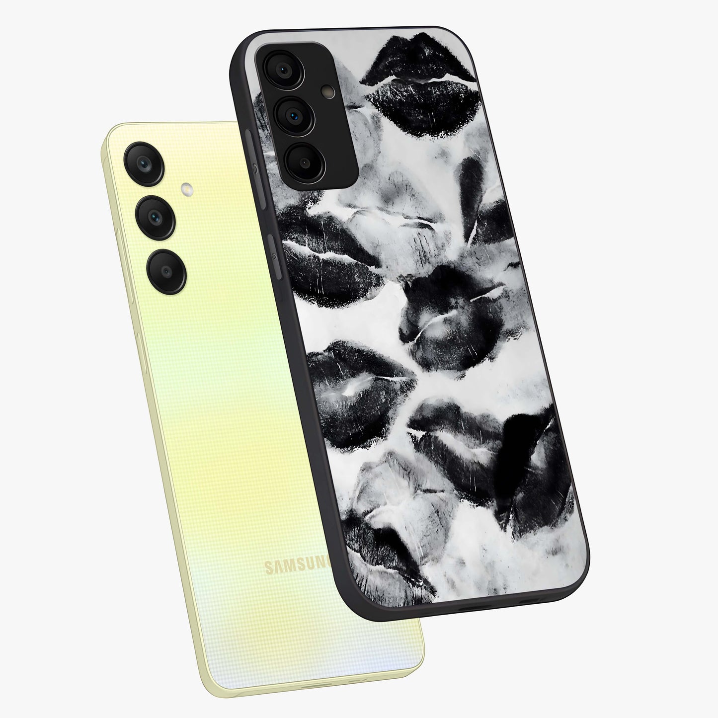 Midnight Kiss Marks Glass Case displayed in angled mockup highlighting playful romantic design with bold midnight aesthetic.