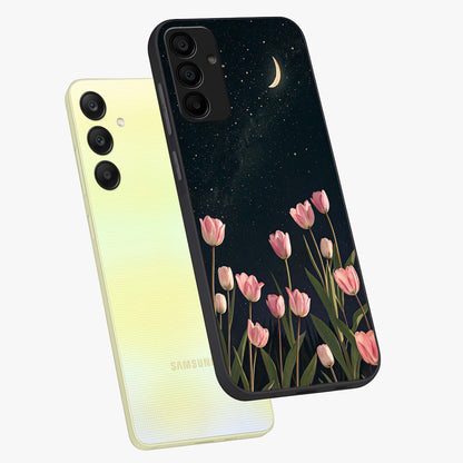 Midnight Tulip Whispers Vibe Glass Case displayed in angled mockup highlighting delicate tulip design with midnight floral aesthetic.
