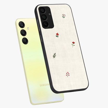 Minimalistic Blue With White Flower Pattern Glass Case displayed in angled mockup highlighting simple floral design with minimal aesthetic.