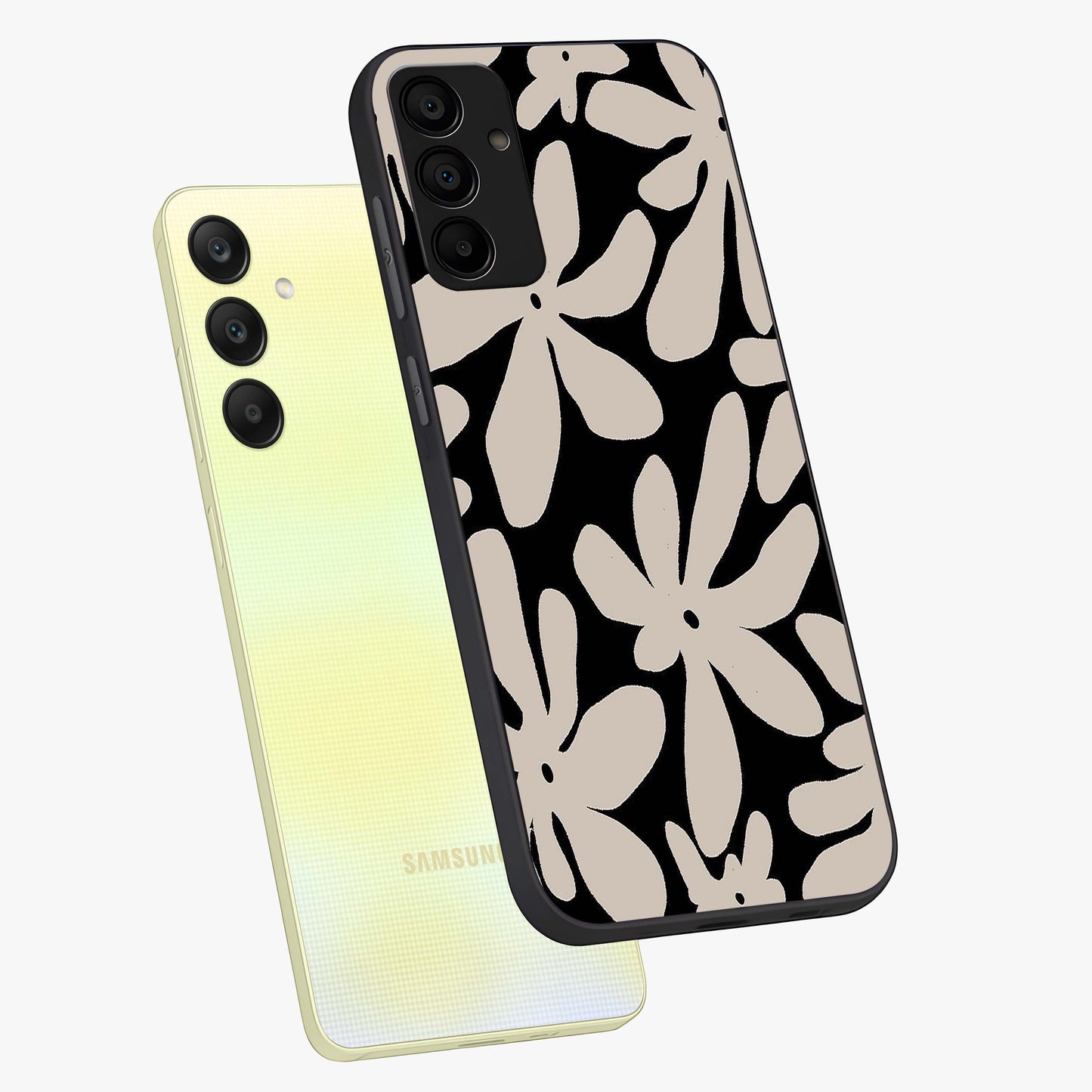 Monochrome Petal Dance Glass Case displayed in angled mockup highlighting elegant petal design with black and white aesthetic.