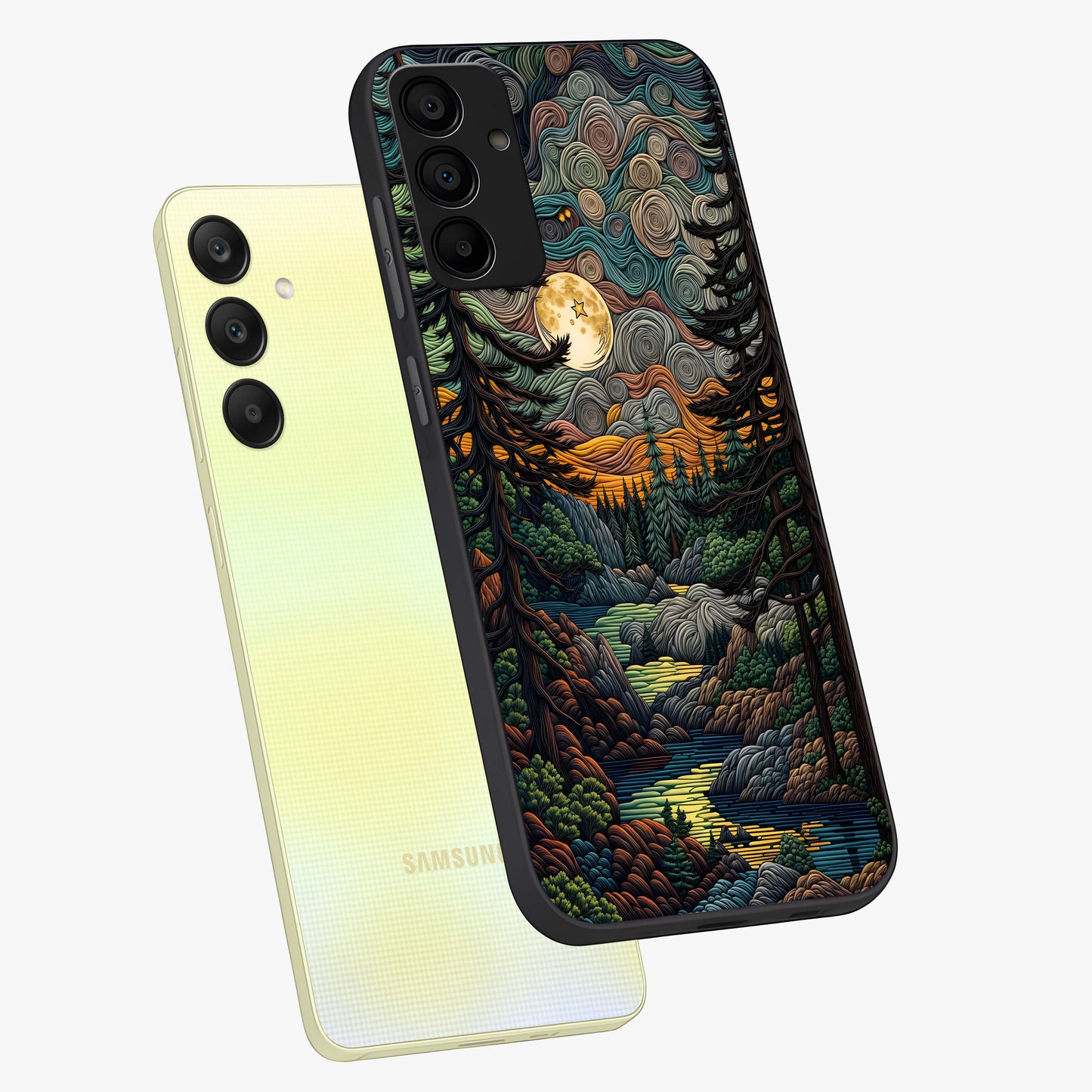 Moonlight Forest Dream Glass Case displayed in angled mockup highlighting dreamy forest design with glowing moon aesthetic.