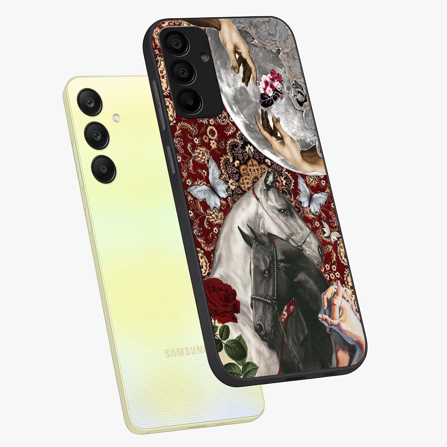 Moonlit Royal Stallion Glass Case displayed in angled mockup highlighting powerful stallion illustration with royal night aesthetic.