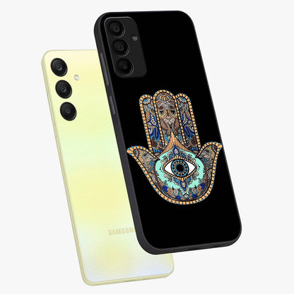 Mystic Hamsa Eye Glass Case displayed in angled mockup highlighting spiritual hamsa symbol with mystical aesthetic style.