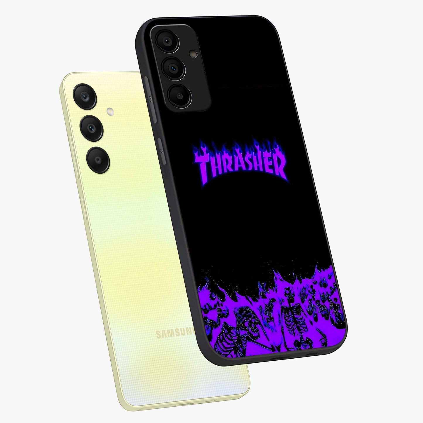 Neon Flame Riot Glass Case displayed in angled mockup highlighting glowing flame design with vibrant neon aesthetic.