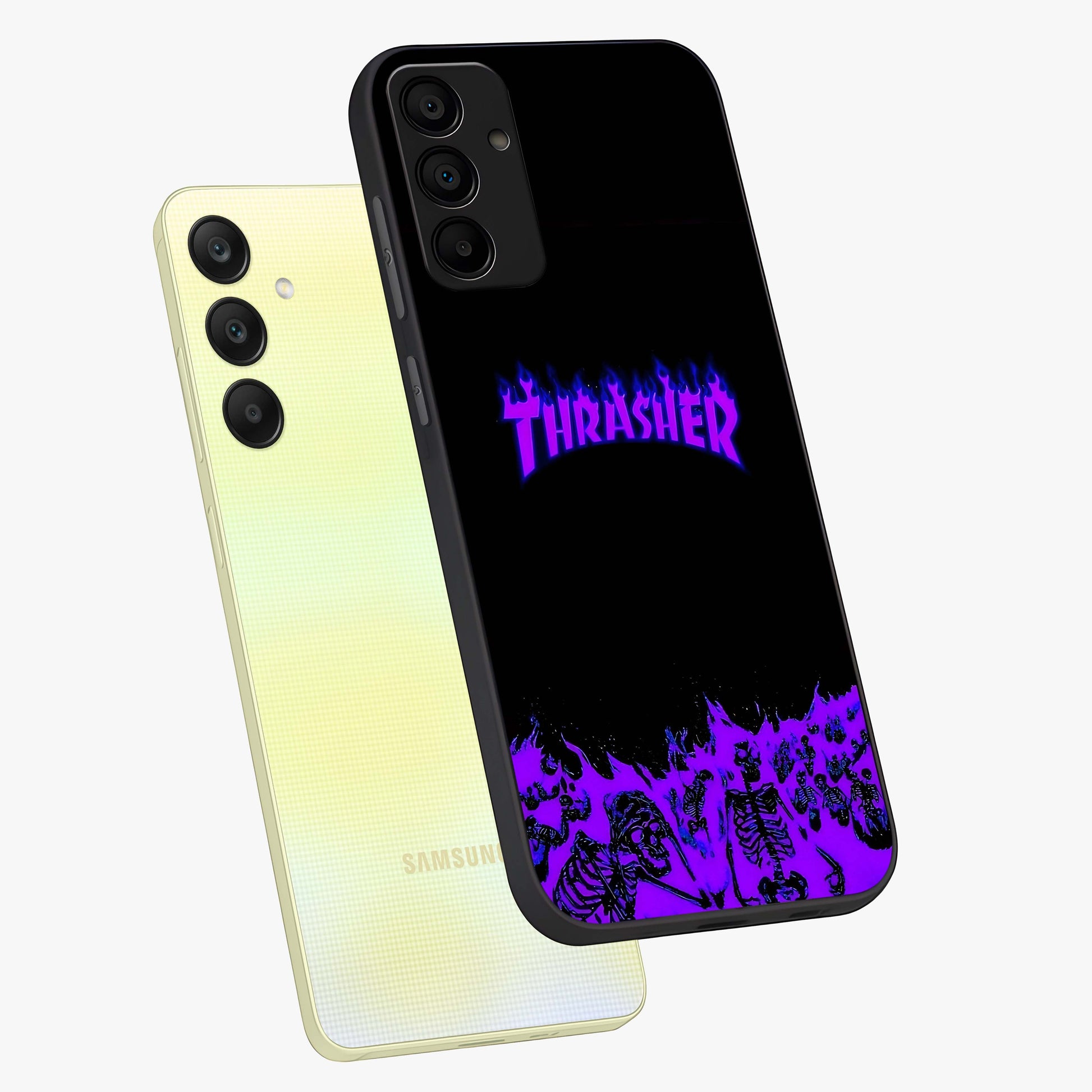 Neon Flame Riot Glass Case displayed in angled mockup highlighting glowing flame design with vibrant neon aesthetic.