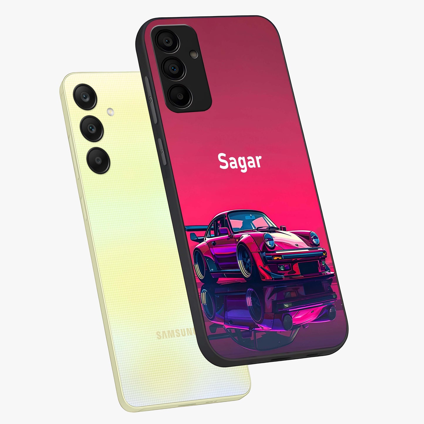 Neon Pink Porsche Glass Case displayed in angled mockup highlighting sleek neon pink car design with racing aesthetic.