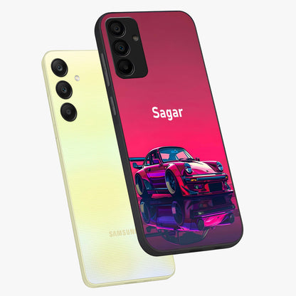 Neon Pink Porsche Glass Case displayed in angled mockup highlighting sleek neon pink car design with racing aesthetic.