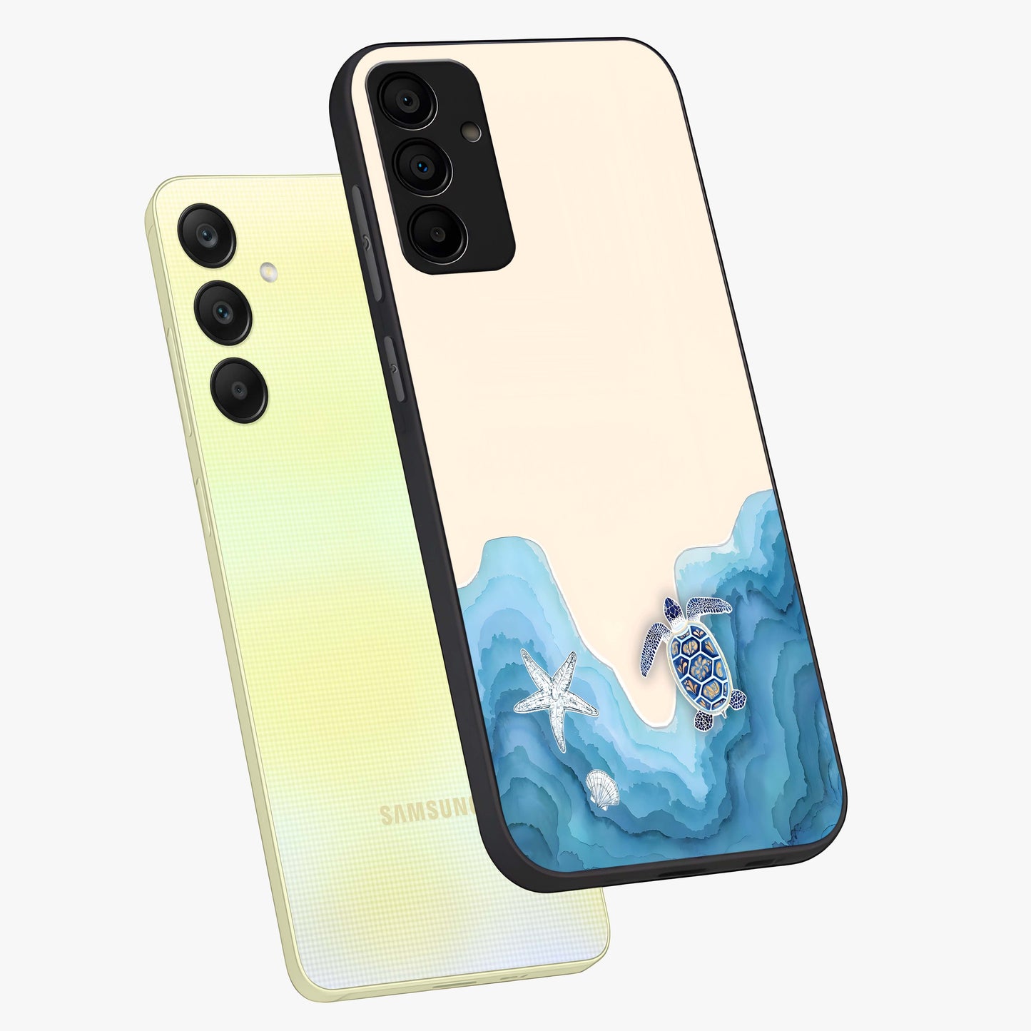 Ocean Drift Turtle Glass Case displayed in angled mockup highlighting peaceful ocean turtle illustration with marine aesthetic.